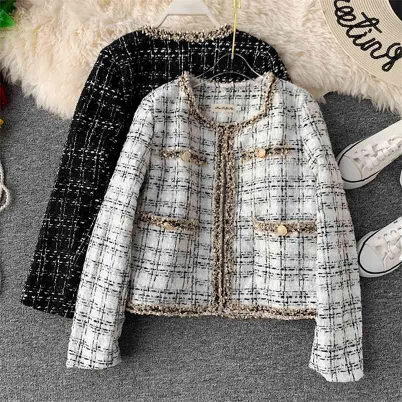 Outono inverno vintage tweed jaqueta casaco mulheres pequena fragrância plía coreana lã colhida casacos elegante outerwear 210514