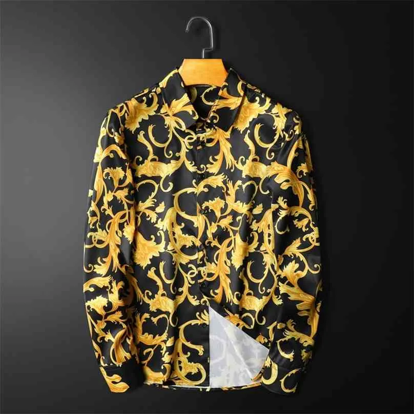 Luxury high quality graphic print punk style silky casual long-sleeved shirt spring youth men's slim yellow large size 210626