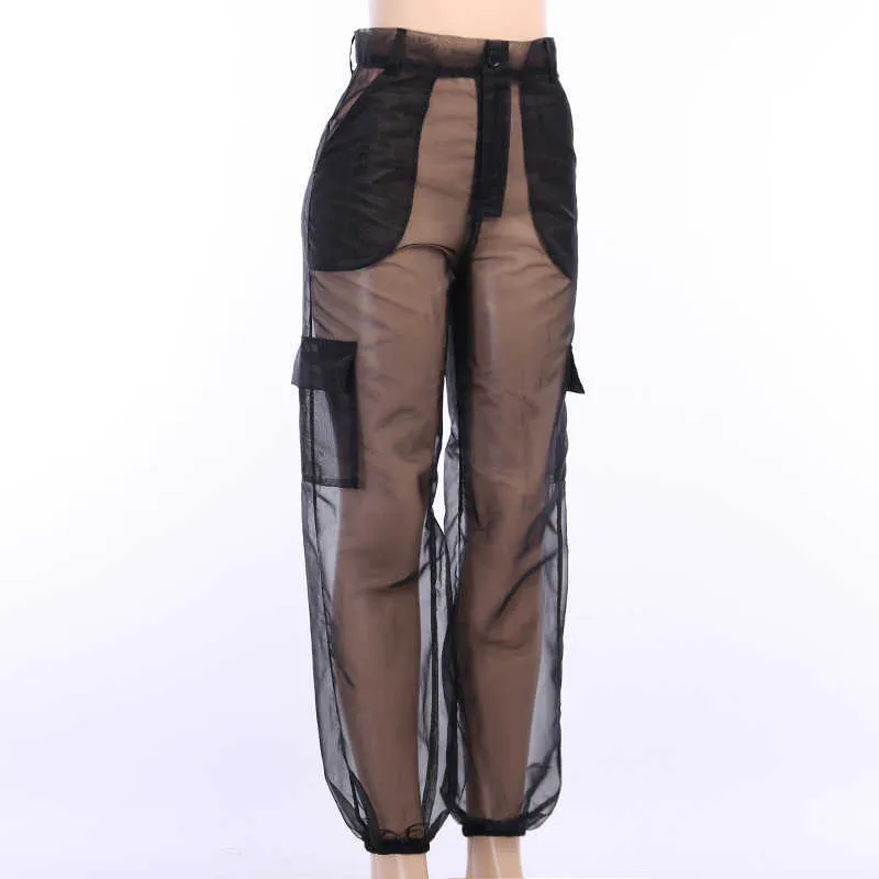 WannaThis Mesh See Through Hight Waist Cargo Pants Patchwork Sweatpants  Black Fashion Summe New Loose Trousers Women Transparent X0629 From Cow01,  $11.34