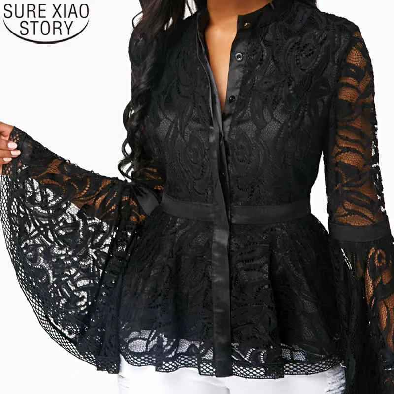 Plus Size Sexy Women Black Lace Long Flare Sleeve Spliced Shirts Fashion Womens Tops and Blouses Blusas Mujer 7946 50 210417