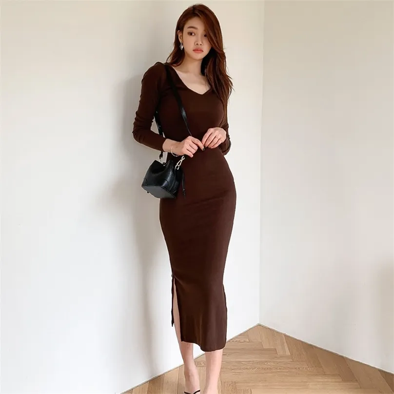 winter sweater Dresses long Sleeve V neck knitted Maxi Party for women clothing 210602