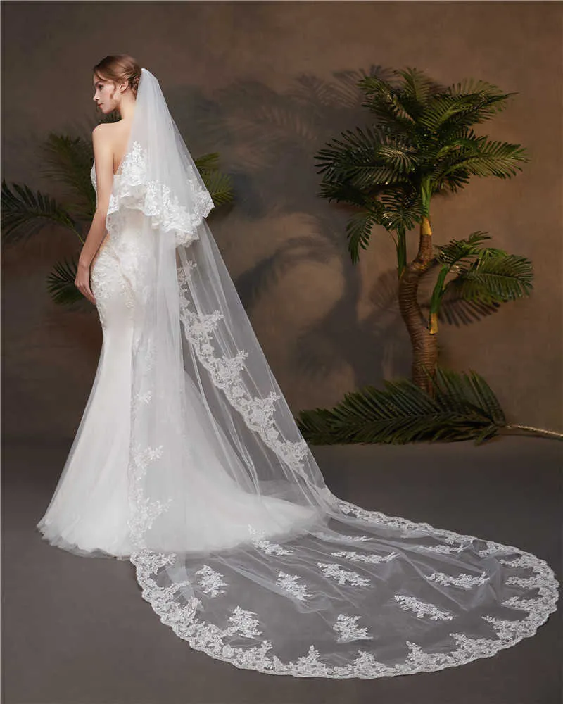 Bridal Wedding Lace Veils 3 M 2 layers With Comb Bridal veil mantilla lace edge trim cathedral length | eBay main image 4