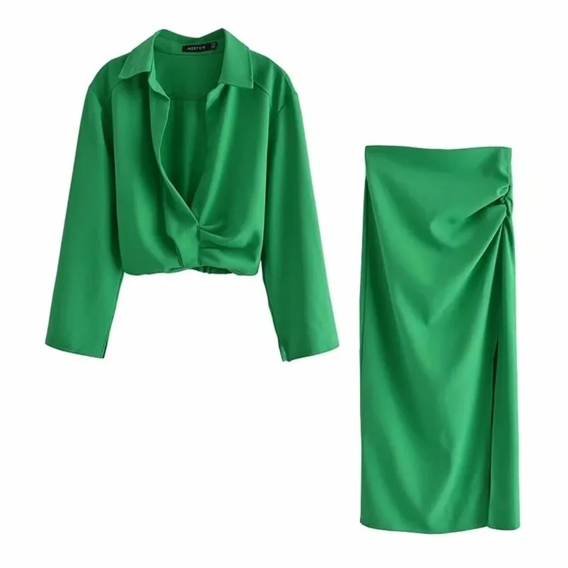 Nlzgmmsj za spódnice damskie Dwie kawałek zestaw mieszanki Pościel Cropped Kobiety Koszula Drapowana Spódnica Jesień Moda Casual Dress Sets 06 210730
