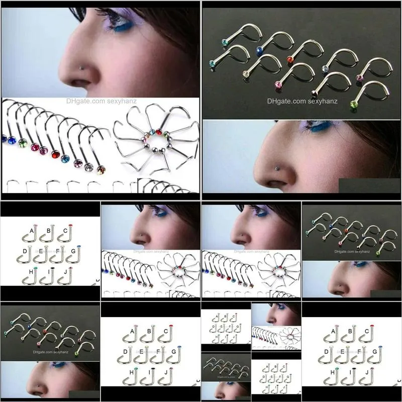 screws nose studs nose ring gem mixed color body piercing jewelry 316l stainless steel 100pcs/lot