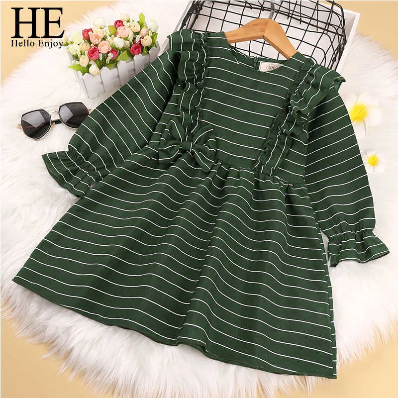 Hello Hello Desfrute de Crianças de Outono Roupas Verde Manga Longa Bebê Meninas Princesa Vestido Listrado Ruffles Manga Crianças Casuais Vestido Casual G1026