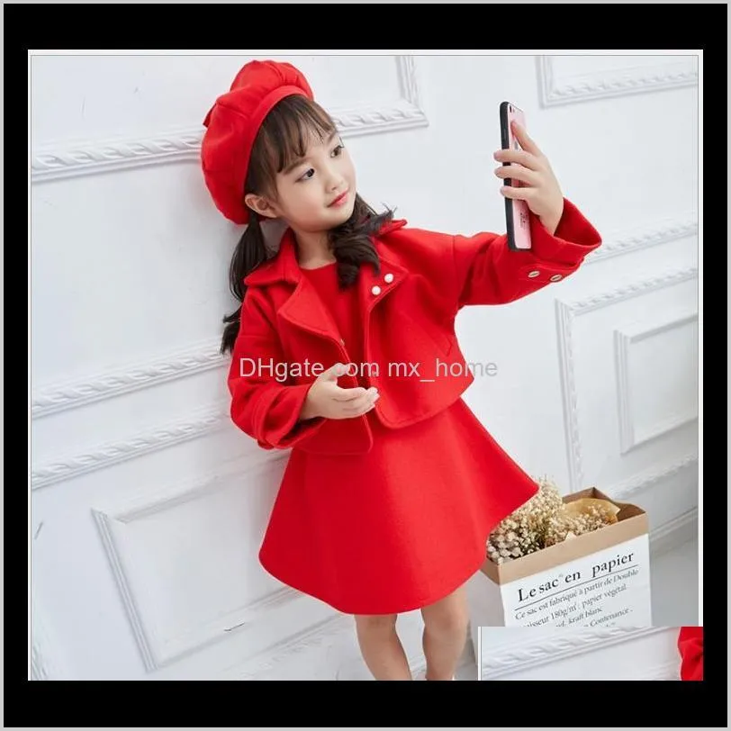 2021 new arrivals girls clothing sets autumn winter girl red coats+dresses+hats 3pcs sets kids suit children outfits