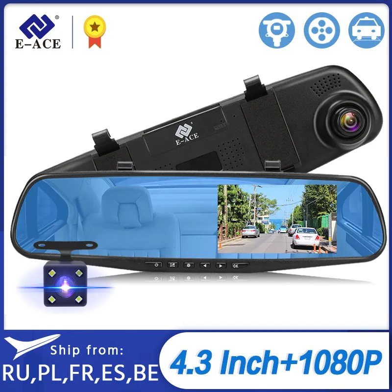 E-ACE Car DVR 4.3 cal Lusterko wsteczne FHD 1080P Recorder Video Recorder DashCam Obsługa Widok z tyłu Registrator Kamery DVR