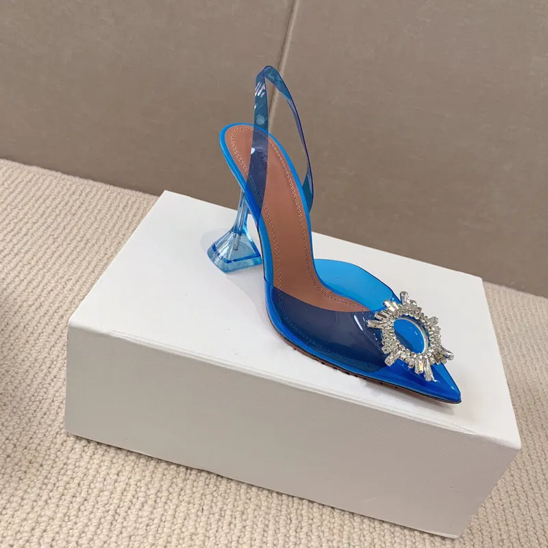 fashion luxurious designer Sandals Blue Crystal Goblet Heel Sandal Women Pointed Toe Jeweled Sunflower Buckle Transparent PVC Party Shoes Woman 9.5cm Skin bottom