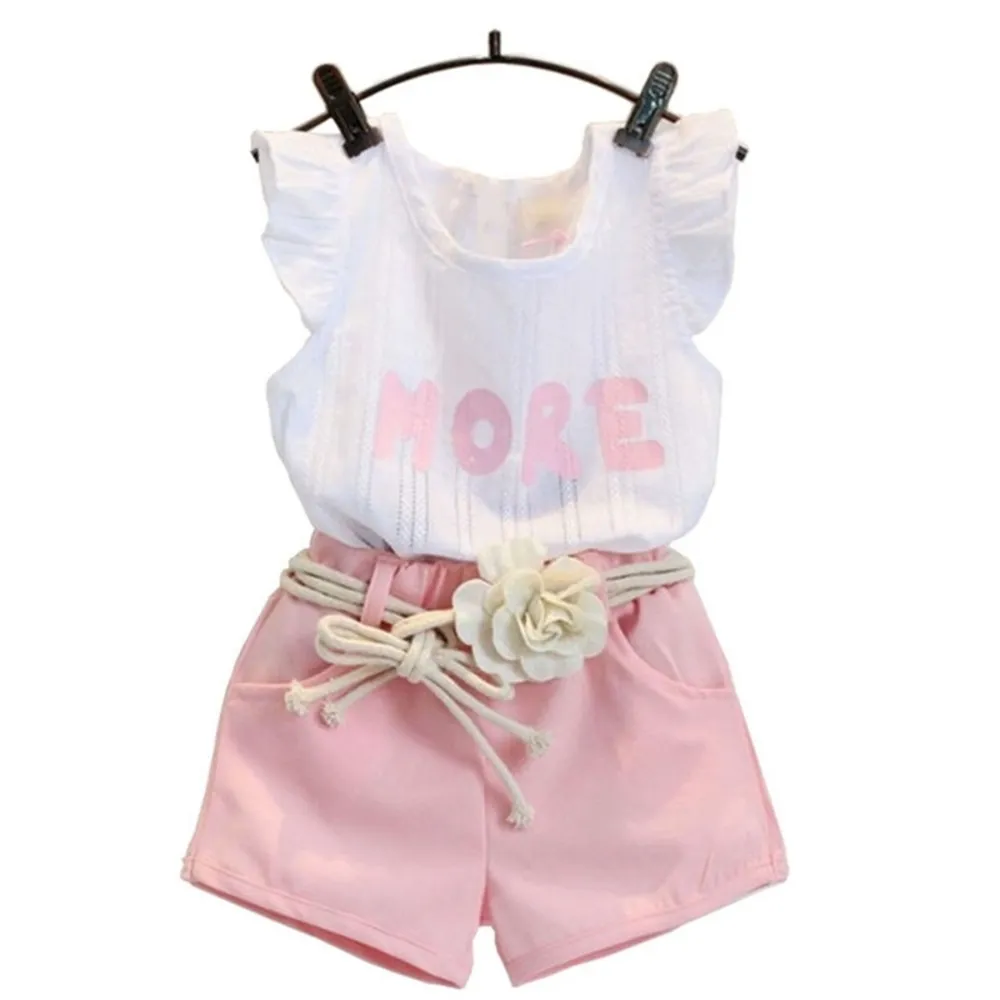 أزياء الوردي لفتاة ملابس بدلة مع زهرة حزام الأطفال ملابس التجزئة الاطفال ملابس الطفل K1