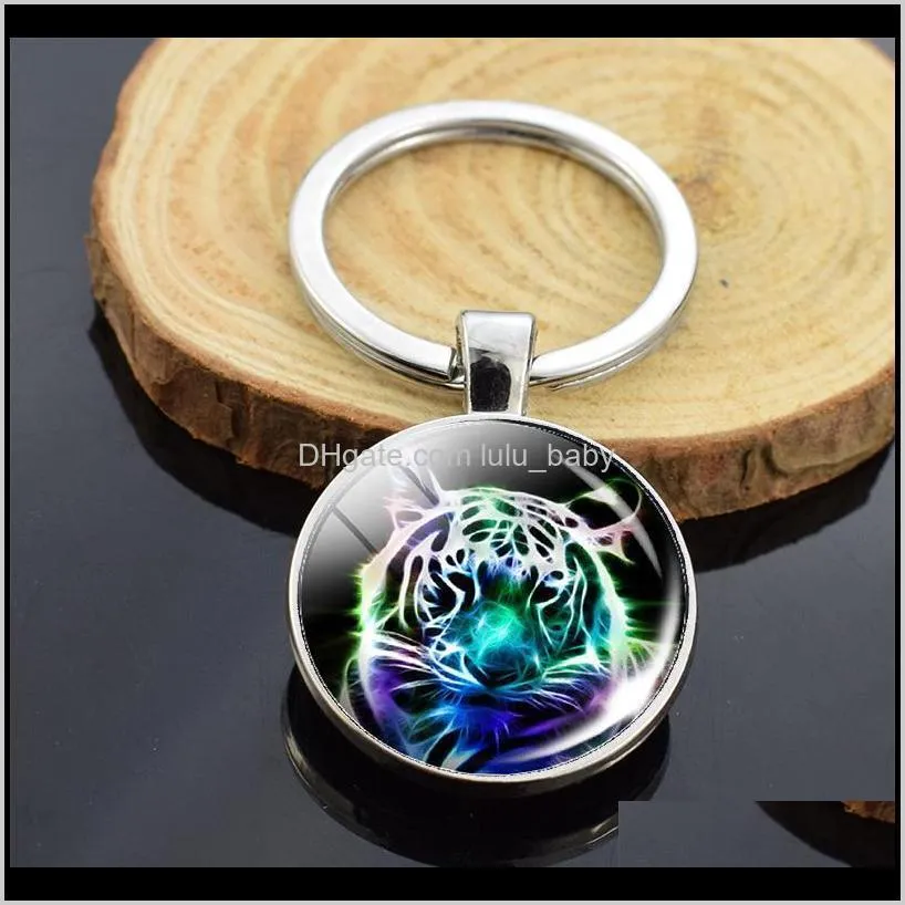aggressive tiger pattern double keychain fashion tigers glass cabochon jewelry pendant key chain handmade accessories men gifts