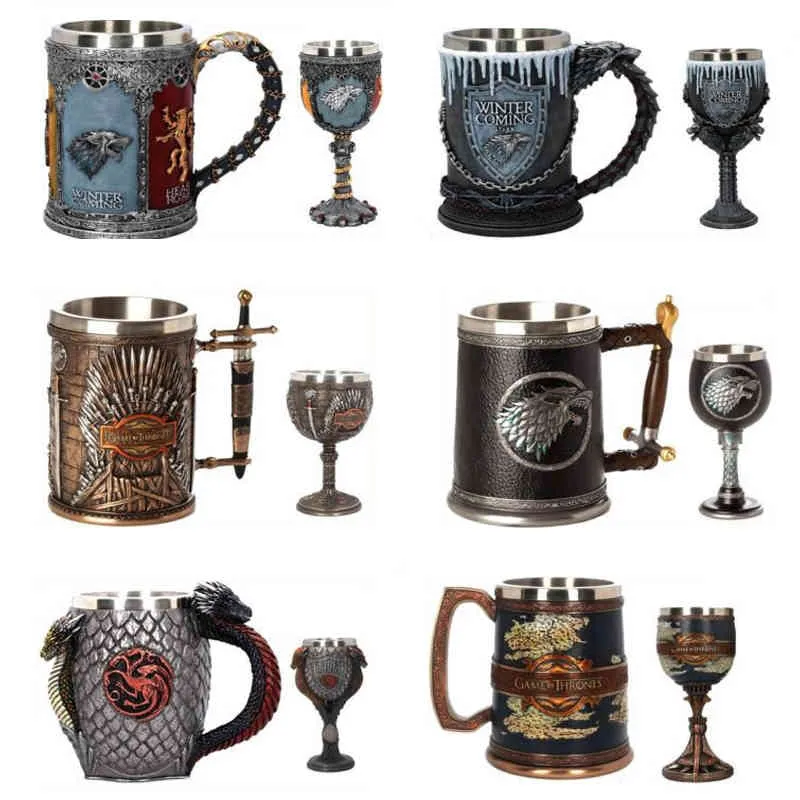 3D Gothic Goblet Iron Throne Tankard Stainless Steel Resin Beer Mugs Skull Coffee Mug Wine Glass Cup Father's Day Gift