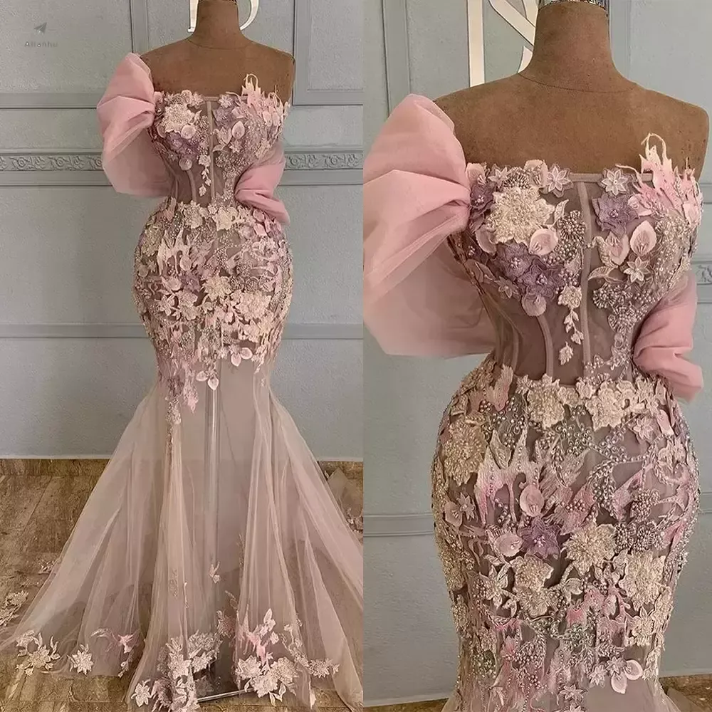 Новые 2022 2022 розовые выпускные платья русалка длина пола 3d цветочная аппликация тюль один плечо ремешок сексуальный иллюзия из бисера кристаллы вечерние платья формальный