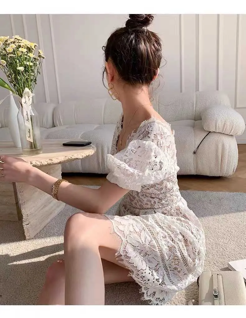 chinese dress ladies Cream Eyelash Lace Overlay Mock Neck Mini Dress