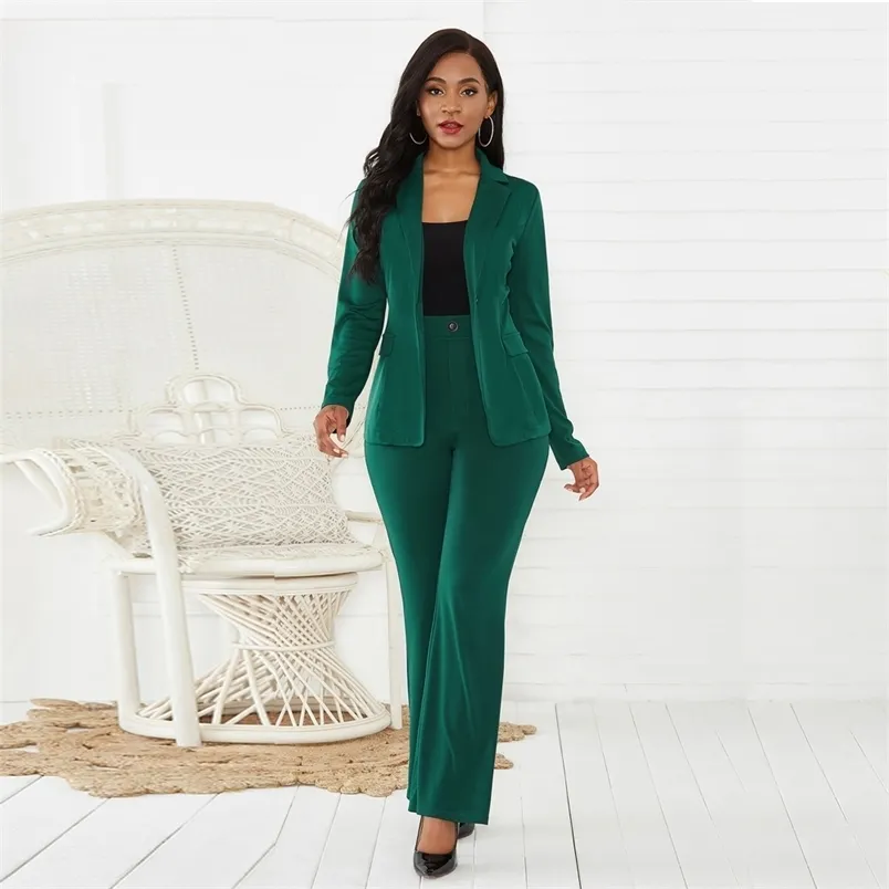 Dameskuur Groen Zwart Sets Herfst Winter Turn Down Collar Elegante Blazers Jas Wide Poot Lange Broek Werkkleding 2 Stks Outfits 210522