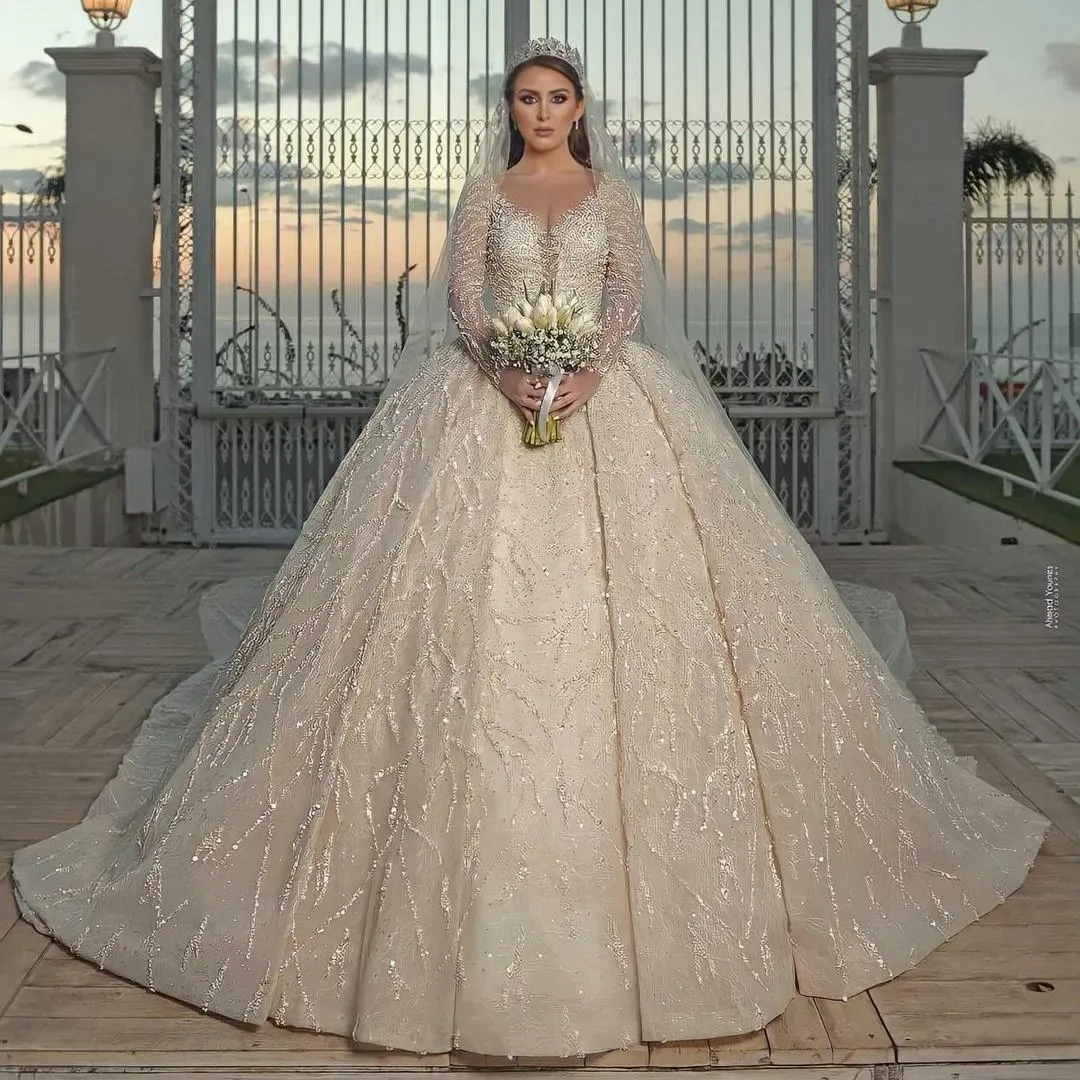 Save Big on Bulk Wedding Gown Dubai Luxury Ivory Dubai Ball Gown Wedding  Dresses Long Sleeve Sheer V Neck Crystal Beaded Appliqued Bridal Gowns