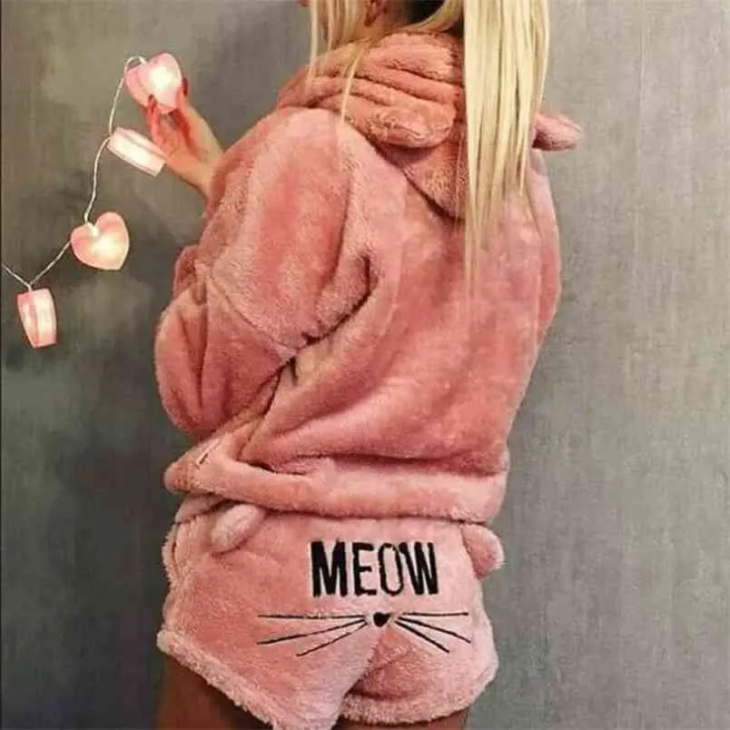 Pijama feminino conjunto inverno sleepwear quente flanela com capuz hoodie shorts natal fêmea casa sexy mulheres 210830