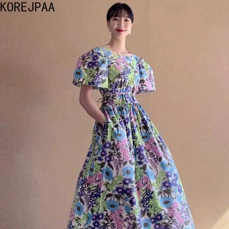 Korejpaa Frauen Kleid Sommer Koreanische Chic Weibliche Elegante Temperament Blume Spitze-Up Abnehmen Puff Hülse Große Schaukel Vestidos 210526