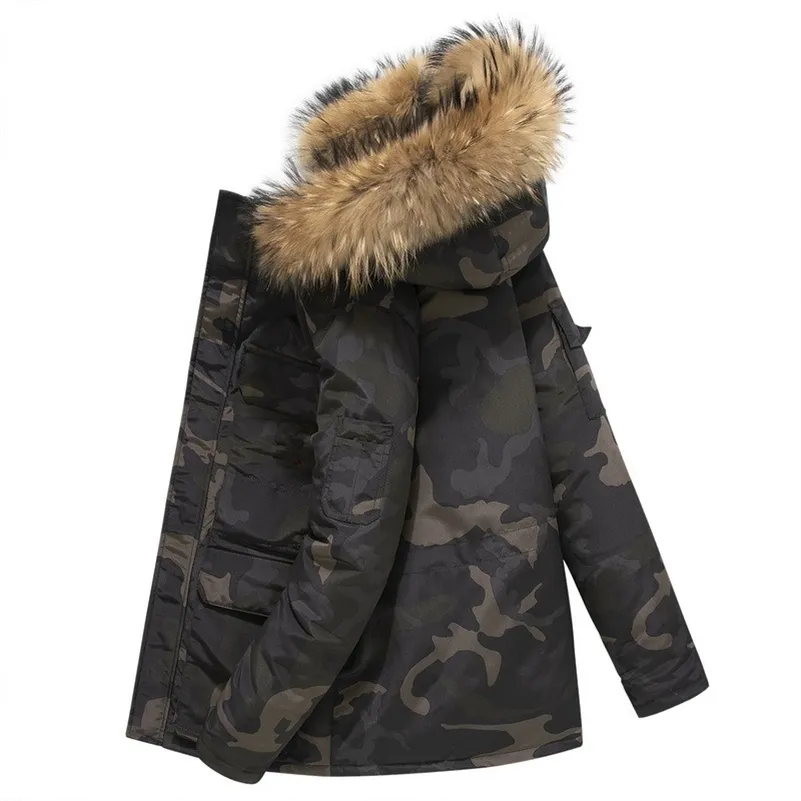 Mäns Camouflage Down Jackor Vinter Tjock Varm Casual Slim Fur Collar Hooded Coats Windbreaker Vit Duck Down Parka Overcoat 211110