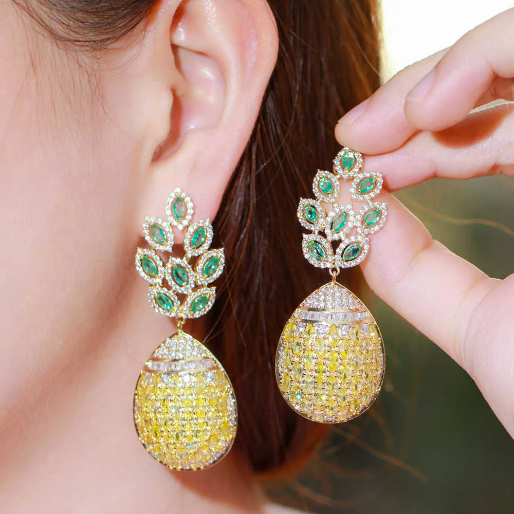 Super Luxury Yellow Green Cubic Zircon Long Leaf Drop Big Statement Earrings for Women Engagement Wedding Party CZ894 210714