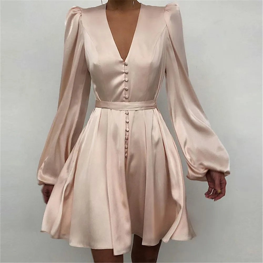 Casual Women's Dress Party Dresses Woman Clothes Female Clothing Women Satin V Neck Puff Long Sleeve Elegant Autumn 2021