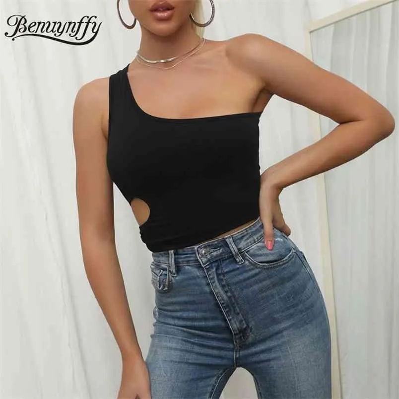 Seksowna Jedno Tank Ramię Top Kobiety Czarny Side Cutout Kobieta Kamizelka Klub Bez Rękawów Moda Lato Przykładowa Streetwear 210510