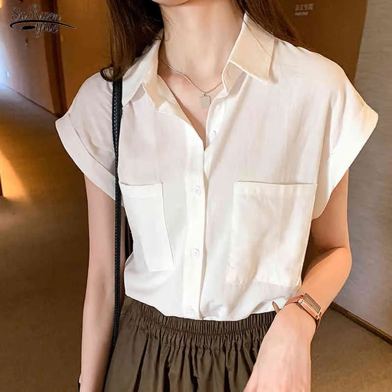 Summer Cotton Short Sleeve White Women Shirt Casual Plus Size Loose Cardigan Blouse Solid Blusas Mujer De Moda 10289 210508