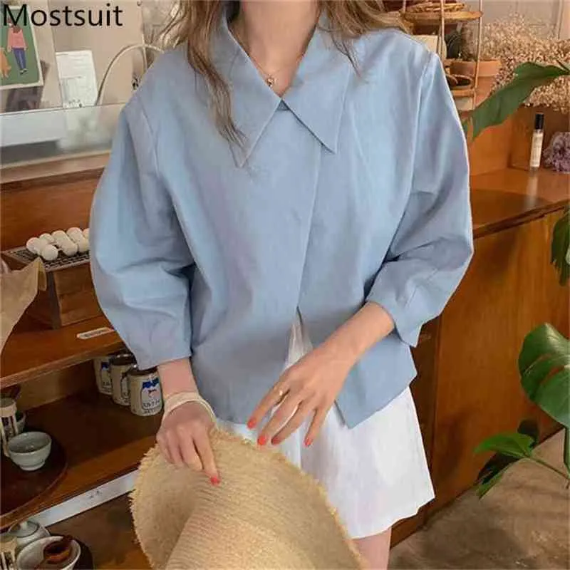 Lato Koreański Casual Solidne Koszulki Bluzki Kobiety 3/4 Rękawostwo Kołnierz Luźne Topy Moda Kobieta Blusas Mujer 210513