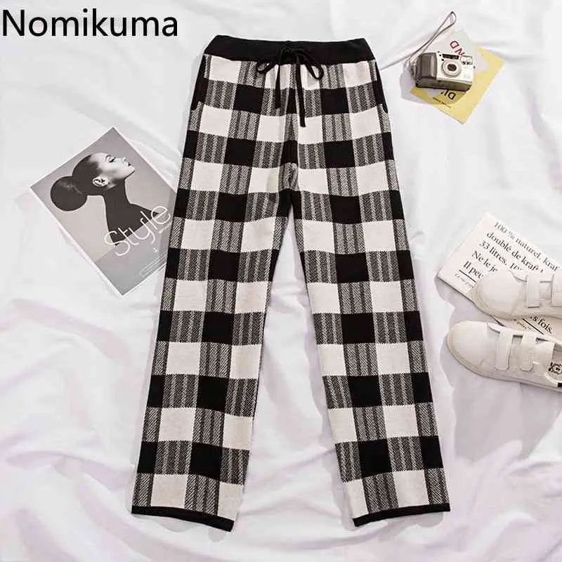 Nomikuma Spodnie kratowe Dzianiny Kobiety Vintage High Waist Proste Spodnie Kobiet Dorywczo Luźne Ciepłe Pantalones Długość kostki 3D232 210514