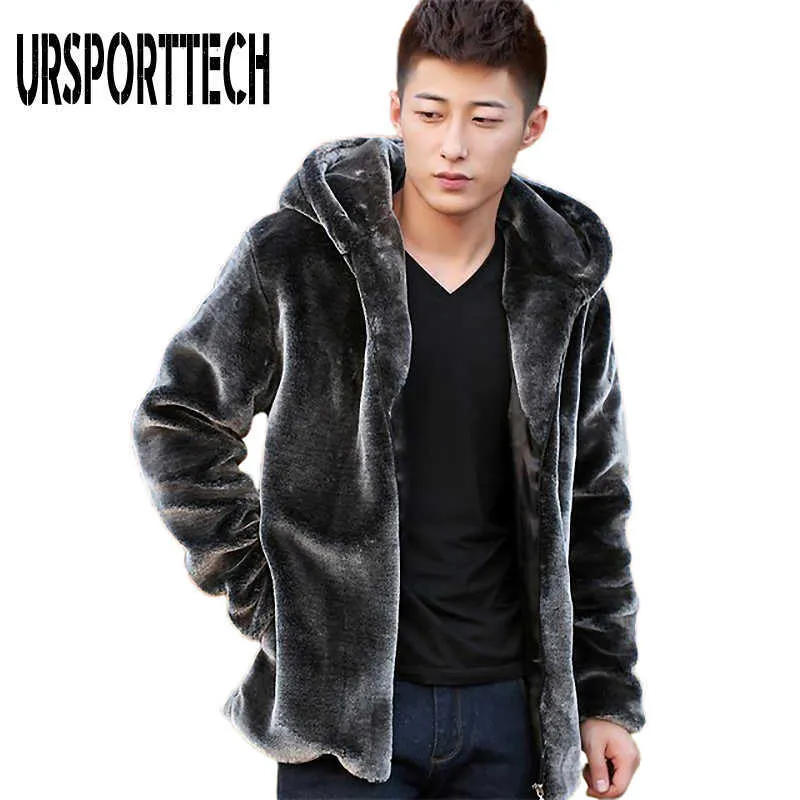 URSPORTTECH Autunno Inverno Grigio Uomo Finta Pelliccia di Visone Giacca Corta Con Cappuccio Peluche Soffice Cappotto Maschile Plus Size 4xl 5xl Cappotto Caldo 210528