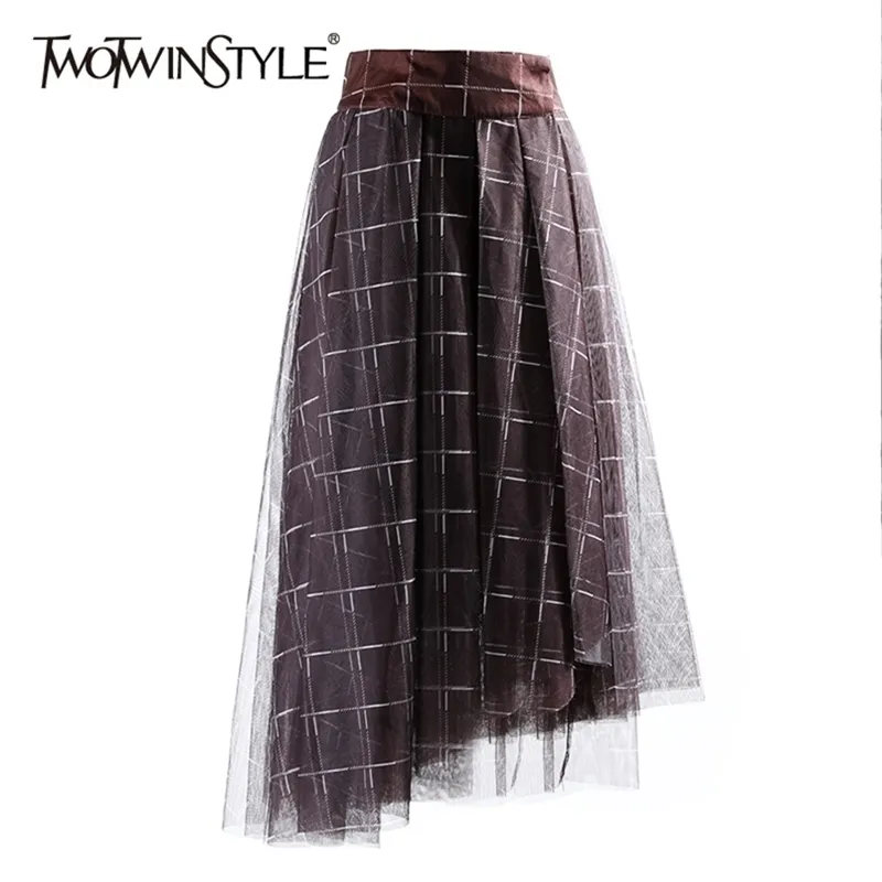 Irregular Plaid Skirt For Women High Waist Mesh Hit Color Casual Skirts Female Clothing Spring Fashion 210521