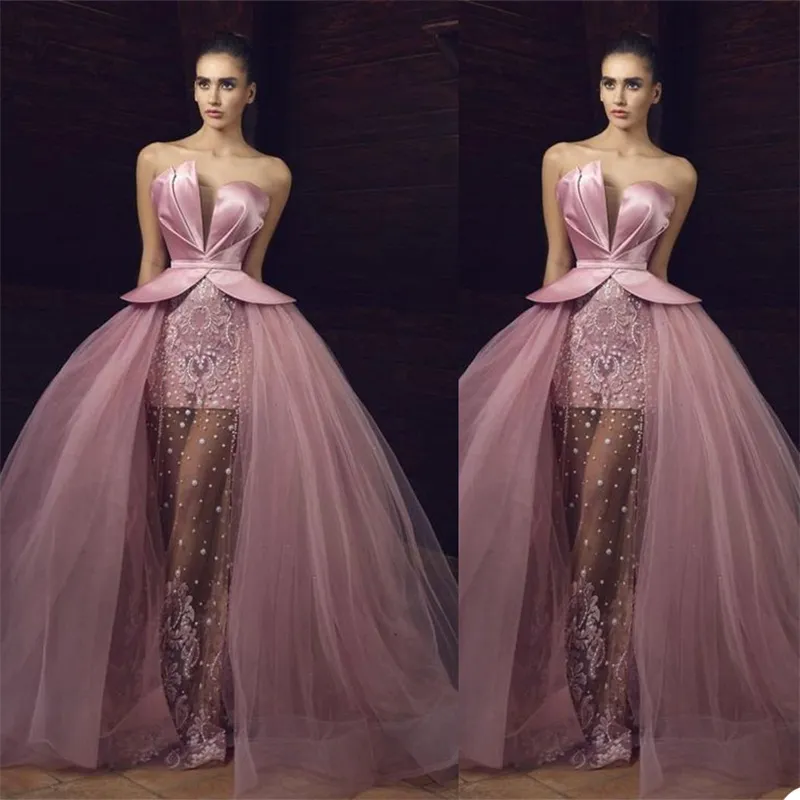 Wspaniałe Koraliki Suknie Wieczorowe z odpinanym pociągu Perły Sweetheart Bez Rękawów Aplikacja Formalna Prom Dress Mermaid Custom Made Sexy Illusion Chic Robe de Mariée