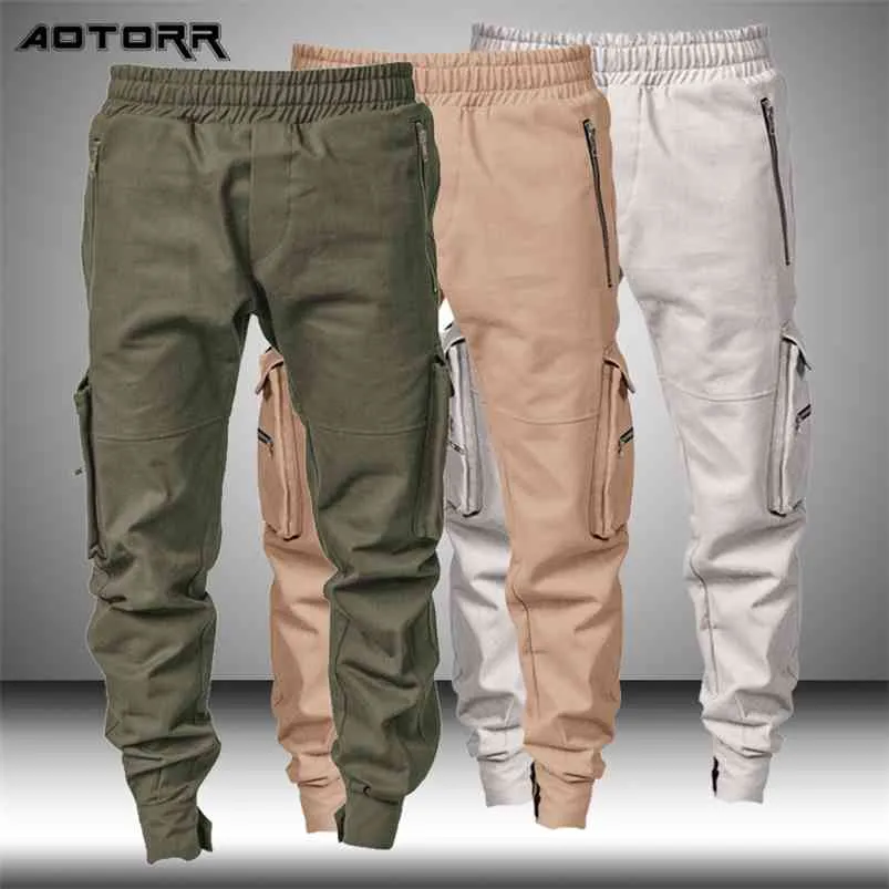 Printemps Automne Cargo Pantalon Hommes Casual Jogger Pantalon Slim Sports de plein air Pantalon Multi Poche Solide Couleur Hommes Salopette 210715