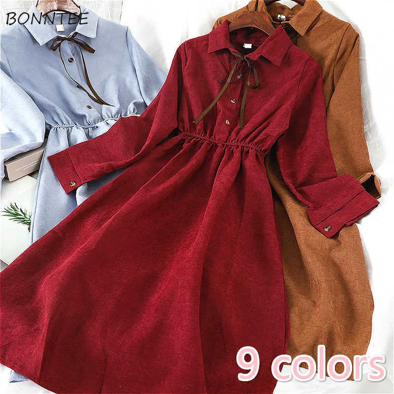 DrWomen Ulzzang Rétro Printemps Taille élastique Longueur au genou Robes pour femmes Simple Bouton solide Bows Vintage Lady Party Vêtements X0529