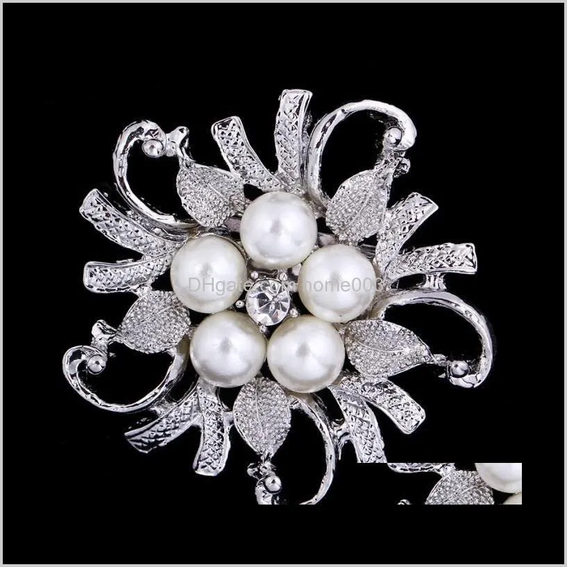 دبابيس المجوهرات Sier/ Golden Tone Clear Rhinestone Crystal Flower Girls Cor Fashion Pearl Brooch Wedding Bridal Pins