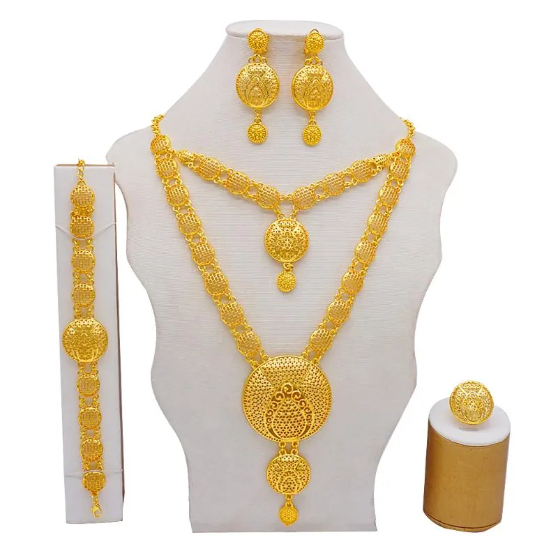 Oorbellen Ketting 24K Dubai Goud Kleur Sieraden Sets Voor Vrouwen Dubbellaags Ringen Bruids Afrikaanse Bruiloft Vrouw Geschenken