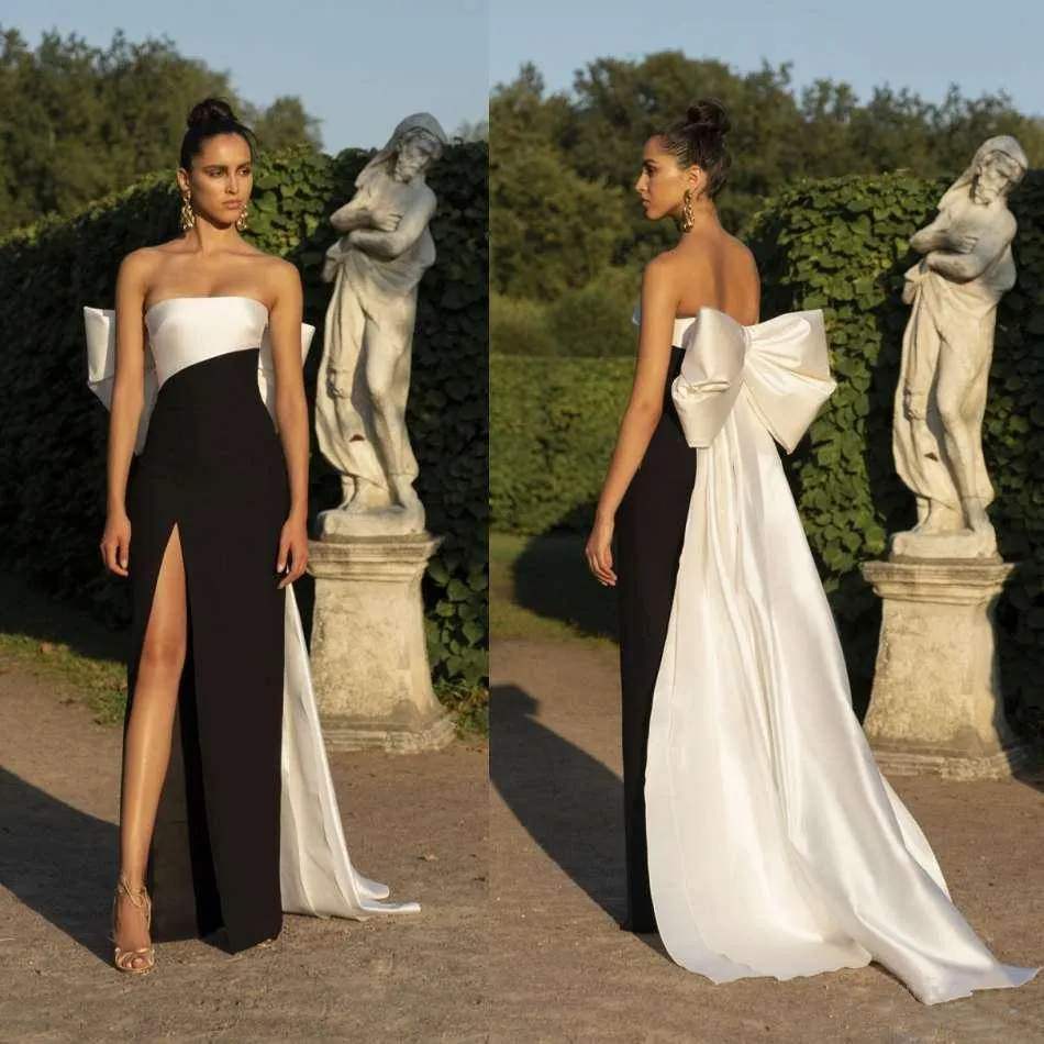 Black And White Formal Evening Dresses Straight Floor Length Sexy Side Split Long Formal Occasion Dress Back Bow Prom Party Gowns 2022 Color Match Unique Women Wear