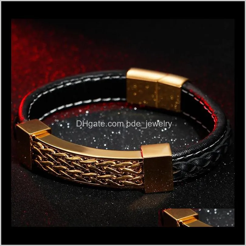wrap leather bracelet for man fashion gold stainless steel mens bracelets men`s jewelry braided genuine leather boyfriend gifts