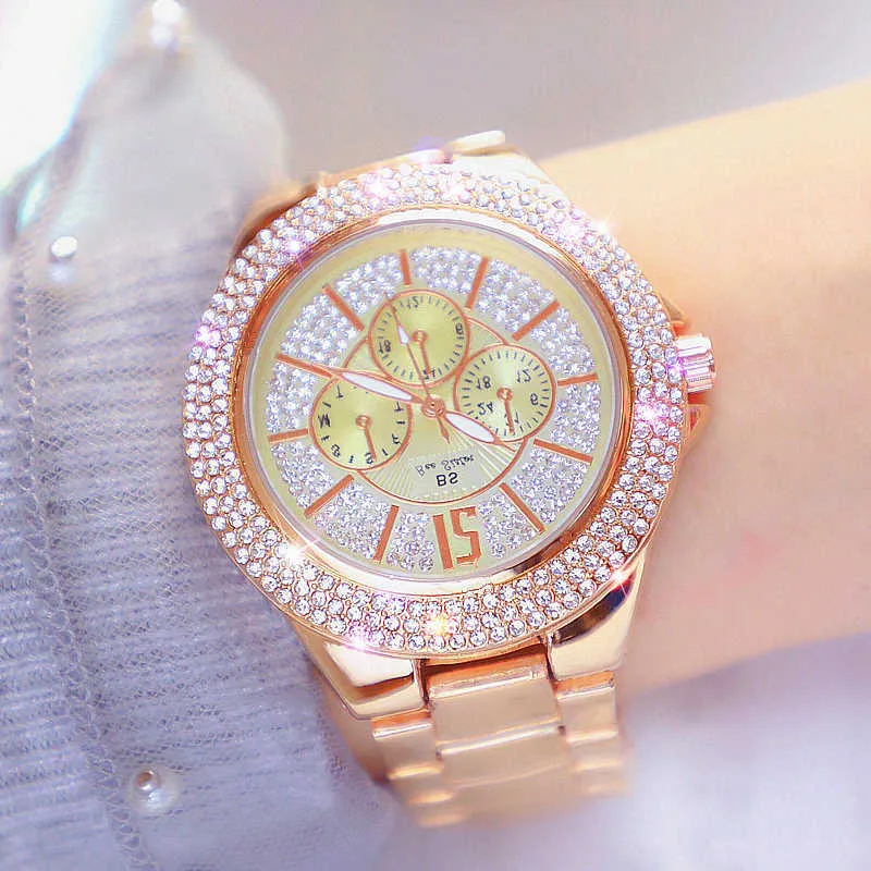 Большие циферблаты женские наручные часы роскошный бренд кристалл розовые золотые женские часы из нержавеющей стали алмазные женщины наручные часы 210527