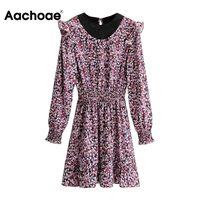 Mujeres O cuello volantes vestidos retro primavera floral pring manga larga mini elástico wasit una línea elegante vestido 210413