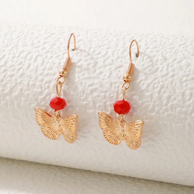 Pretty Butterfly Drop Earrings Red Beaded New Fashion Alloy Metal Geoemtry Dangle Earrings for Women Jewelry