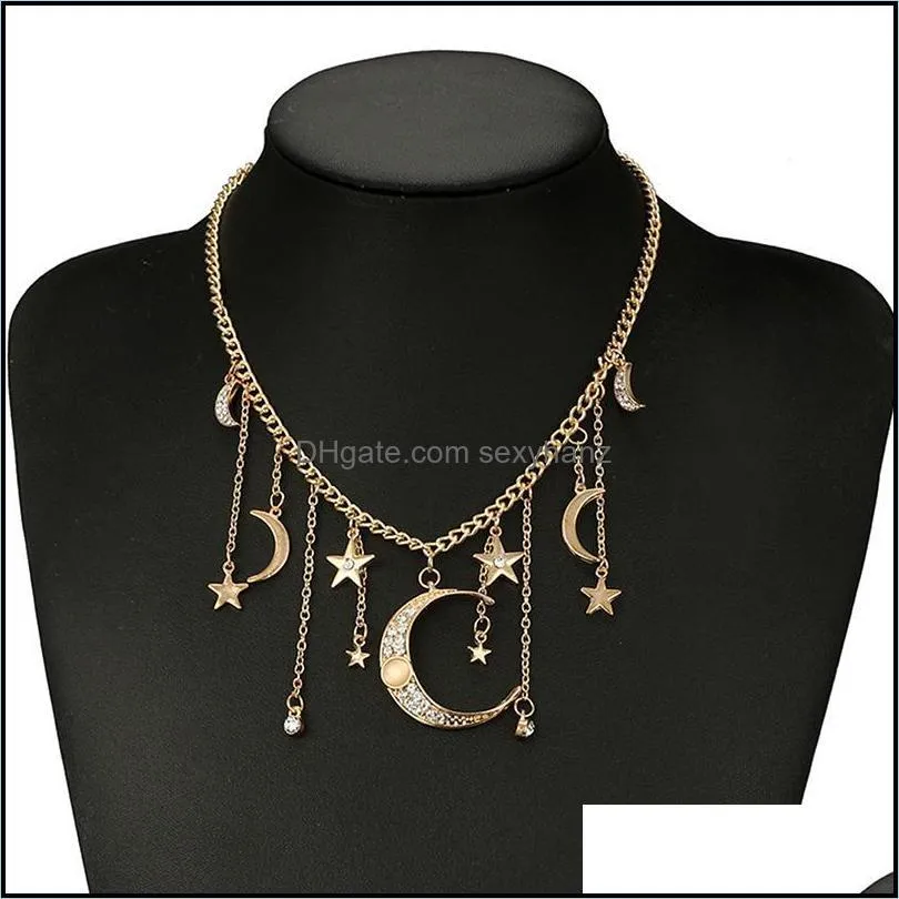 Gold Shiny Crystal Star Moon Pendant Tassel Necklace Boho Fashion Choker Women Jewelry Gift