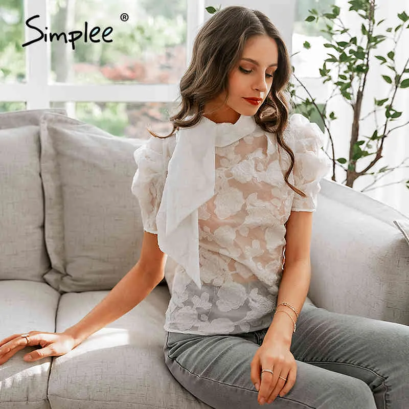 Butterfly Hals Dames Blouses Shirts Bubble Korte Mouw Zomer Vrouwelijke Witte Tops High Street Strak Dames Blouse 210414