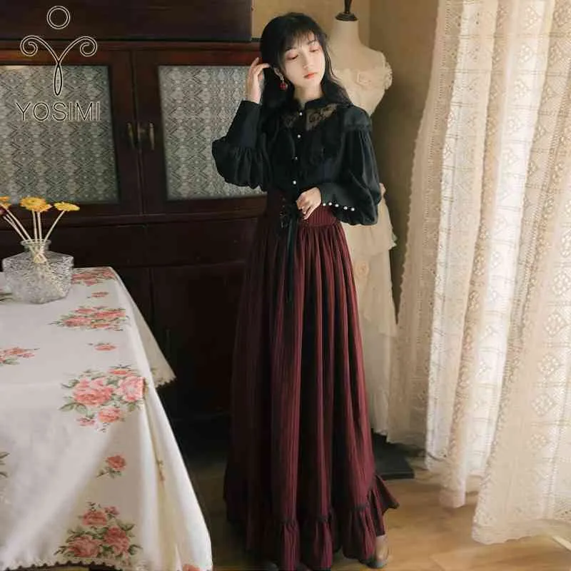 Yosimiツーピース衣装春の黒いフルスリーブブラウストップと縞模様のスカートセットスーツのロングシャツ女性210604