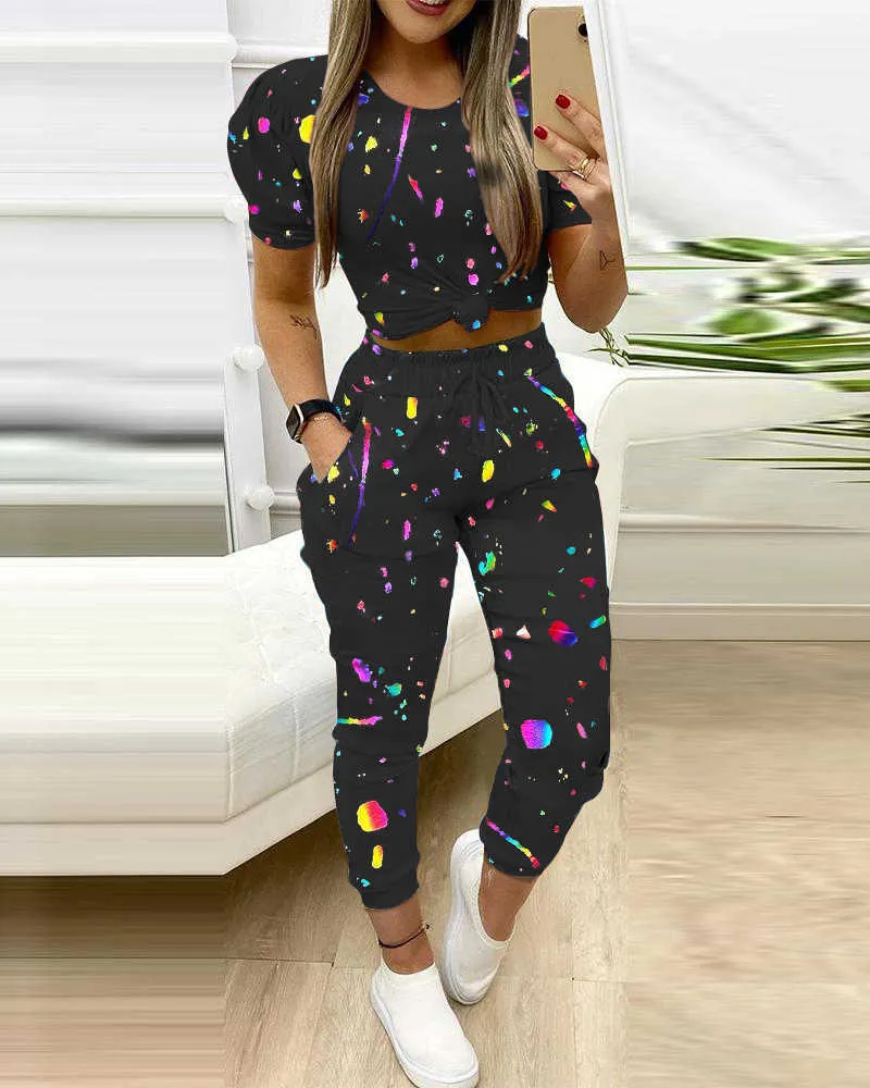 2021 Letni Casual Colorblock Rękaw Puff Sexy Crop Top Pocket Design Długie spodnie Zestaw Dwa kawałki Garnitury Sportswear Y0625