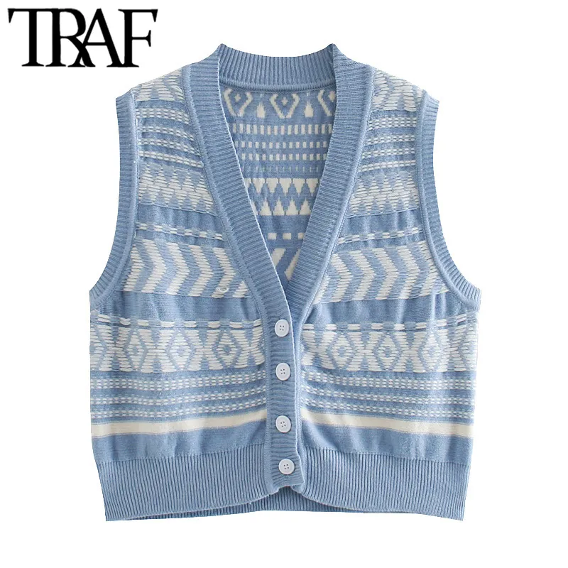 TRAF Women Fashion Geometric Pattern Stickad Vest Sweater Vintage V Nacke Ärmlös Kvinna Waistcoat Chic Toppar 210415