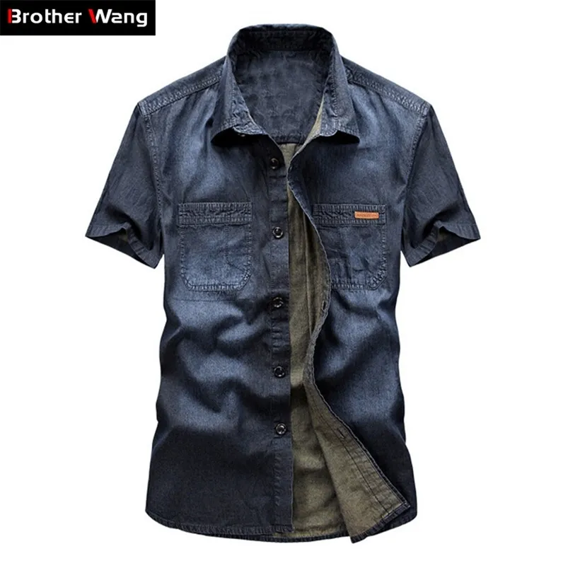 Letnia Koszula Dżinsowa Mężczyźni 100% Bawełna Płuczkowy Niebieski Krótki Rękaw Kowbojska Męska Marka Odzież 210721