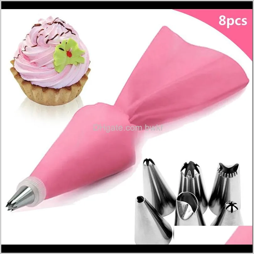 8pcs/set silicone icing piping cream pastry bag + 6 stainless steel cake nozzle diy cake decorating tips fondant pastry tools