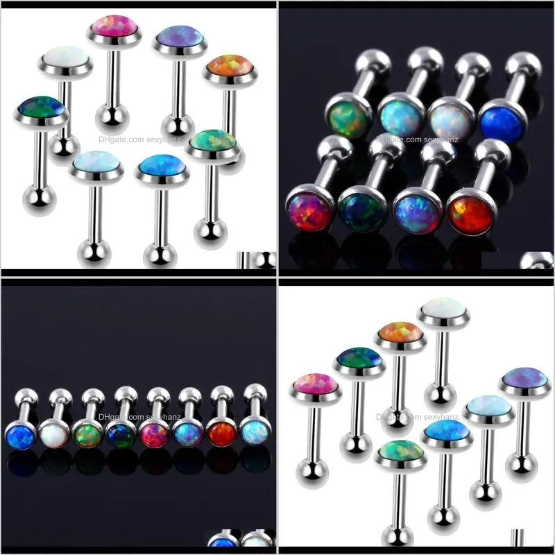 8pcs/lot stainless steel opal stone ear tragus cartilage helix stud piercing earring barbell stud lip piercings body jewelry 16g q