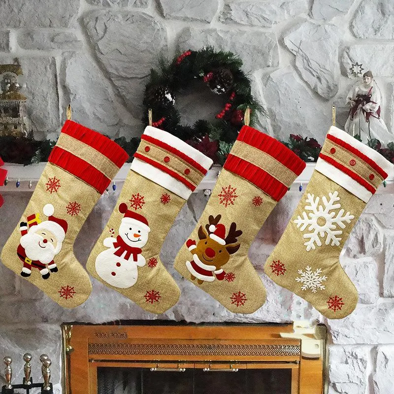 18.8 дюймов Большие рождественские чулки Burlap Canvas Santa Snowman оленей манжеты семейные пакеты подарочные сумки для Xmas Holiday Party Decor LLF8994