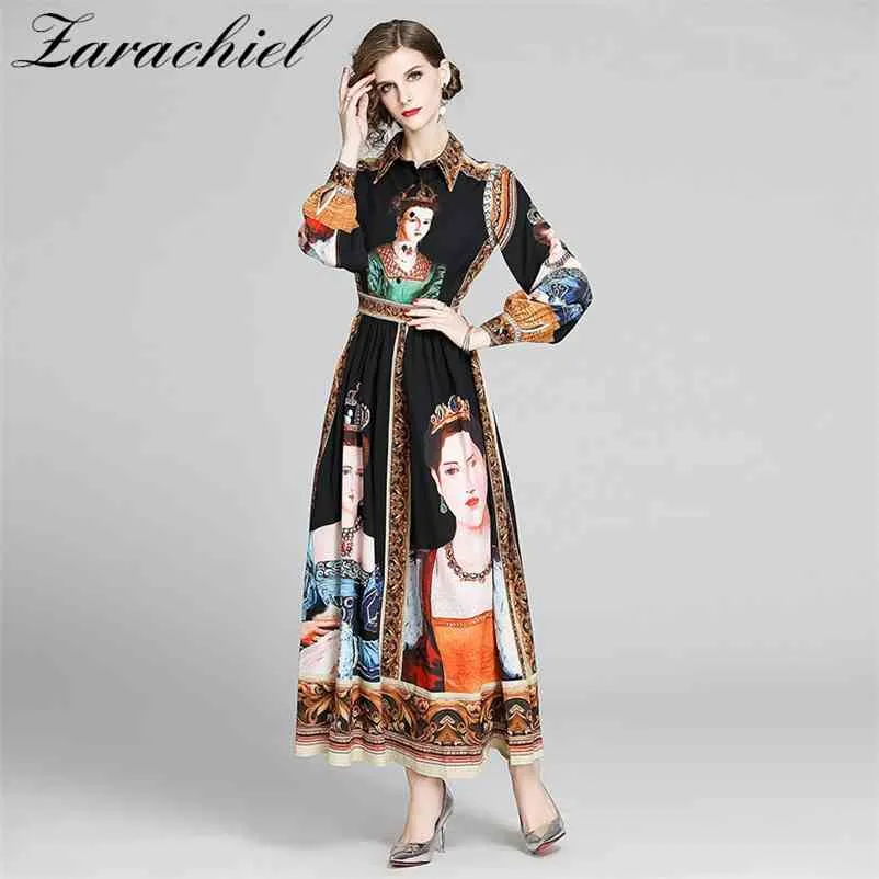 Runway Character Oil Painting Print Dames Lantaarn Long Mouw Turn Down Collar Empire Vintage Party Holiday Jurk 210416